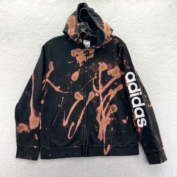 Adidas Hoodie Womens XL Black Sweatshirt Running Full Zip Bleach Dye Custom Gym - Picture 1 of 11